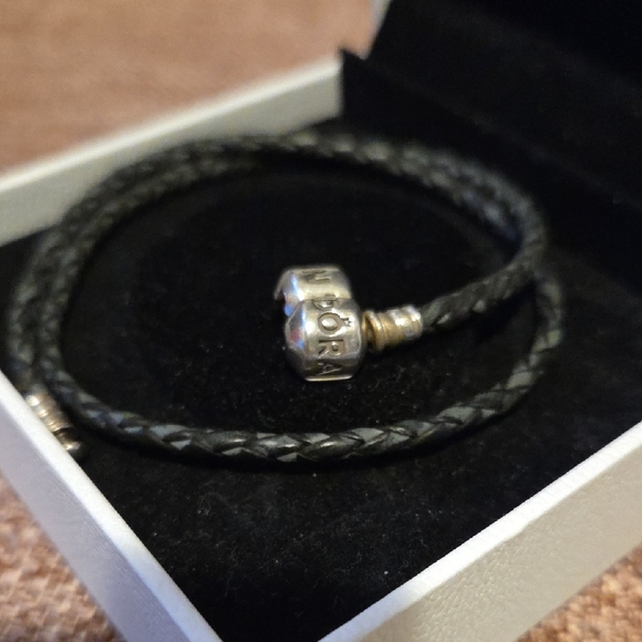 Pandora Charcoal Gray Leather Braided Double Bracelet with Sterling Silver Clasp - Picture 3 of 6